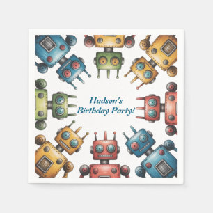 Colourful Retro Robots Boy Birthday Party Napkin