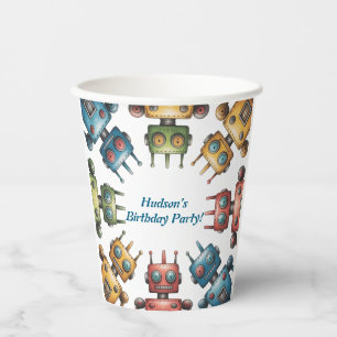 Colourful Retro Robots Boy Birthday Party Paper Cups