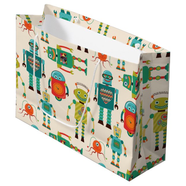 Colourful Retro Robots Pattern Large Gift Bag (Front Angled)