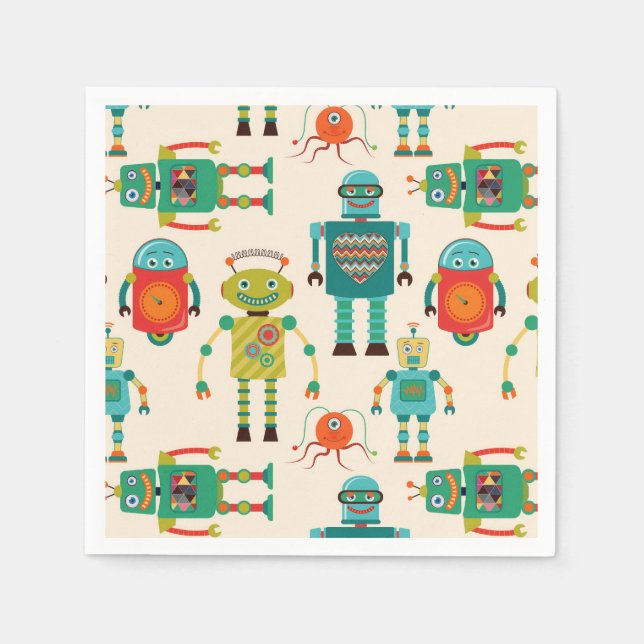 Colourful Retro Robots Pattern Napkin (Front)