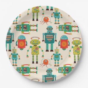 Colourful Retro Robots Pattern Paper Plate