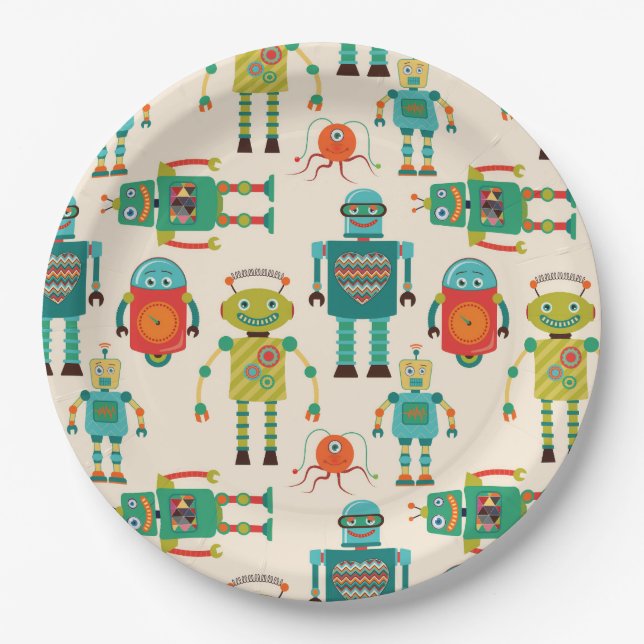 Colourful Retro Robots Pattern Paper Plate (Front)