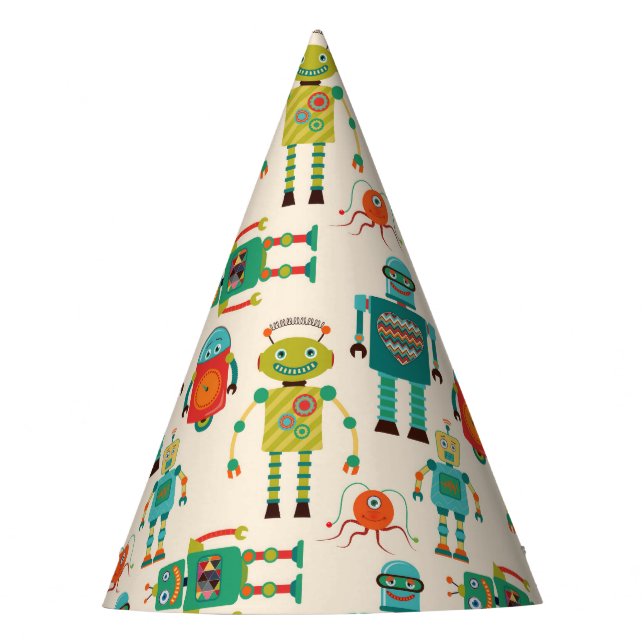 Colourful Retro Robots Pattern Party Hat (Front)