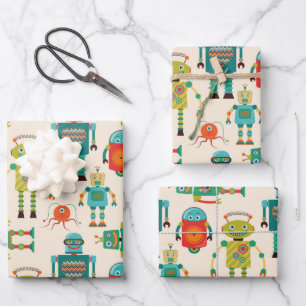 Colourful Retro Robots Pattern Wrapping Paper Sheet