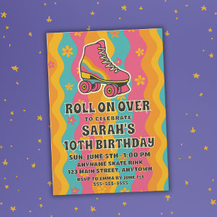 Colourful Retro Roller Skating Girl Birthday Party Invitation