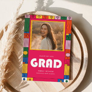 Colourful Retro Script Grad Photo Graduation Announcement