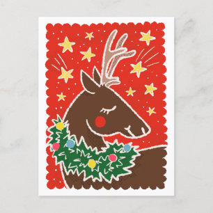 Colourful Retro Stamp Style Reindeer Holiday Postcard