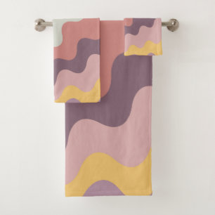 Colourful retro style diagonal waves bath towel set