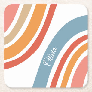 Colourful retro style rainbow design square paper coaster