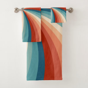 Colourful retro style wavy sun rays bath towel set