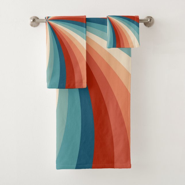 Colourful retro style wavy sun rays bath towel set (Insitu)