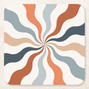 Colourful retro style wavy sun rays square paper coaster