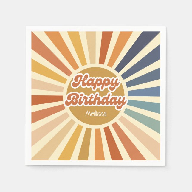 Colourful Retro Sun Groovy Wave Happy Birthday Napkin (Front)