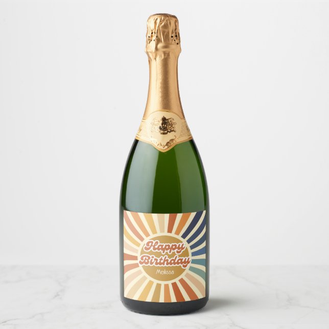 Colourful Retro Sun Groovy Wave Happy Birthday Sparkling Wine Label (Front)