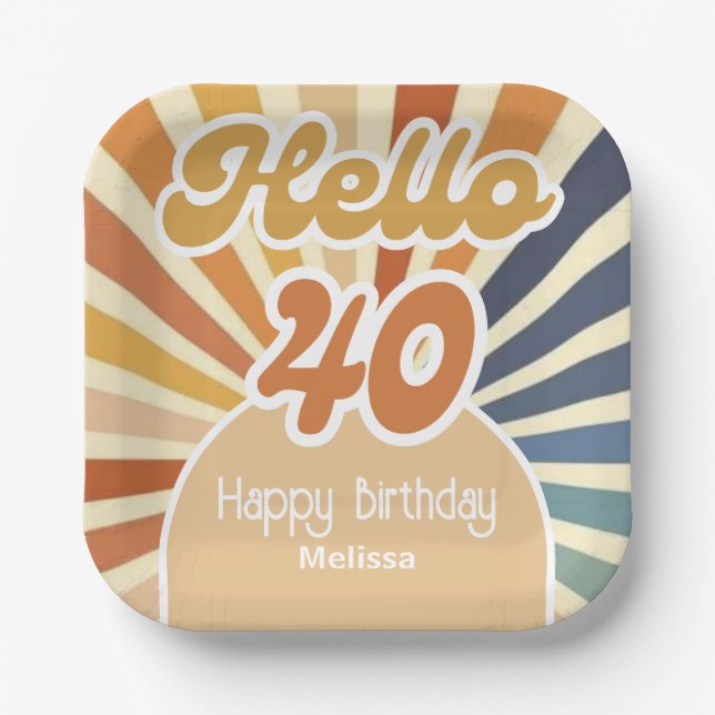 Colourful Retro Sun Groovy Wave Hello 40th Birthda Paper Plate (Front)