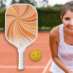 Colourful Retro Sunburst Swirl Custom Text Name Pickleball Paddle