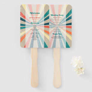 Colourful Retro Sunburst Wedding Program Hand Fan