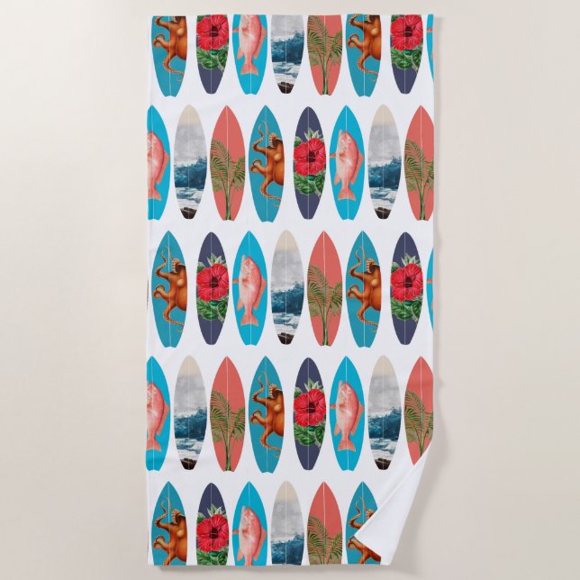 Colourful Retro Surfboards Pattern Beach Towel (Front)