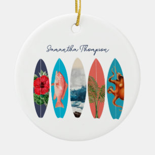 Colourful Retro Surfboards Pattern Custom Name Ceramic Tree Decoration