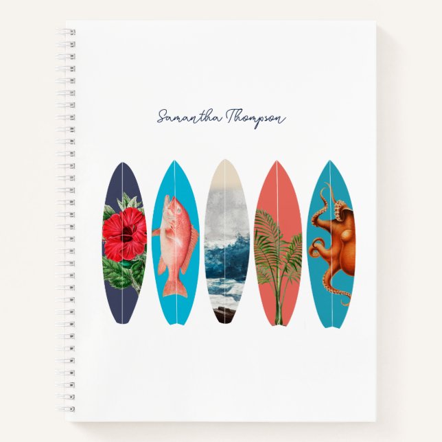 Colourful Retro Surfboards Pattern Custom Name Notebook (Front)