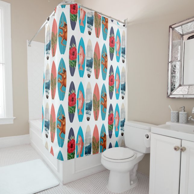 Colourful Retro Surfboards Pattern Shower Curtain (In Situ)