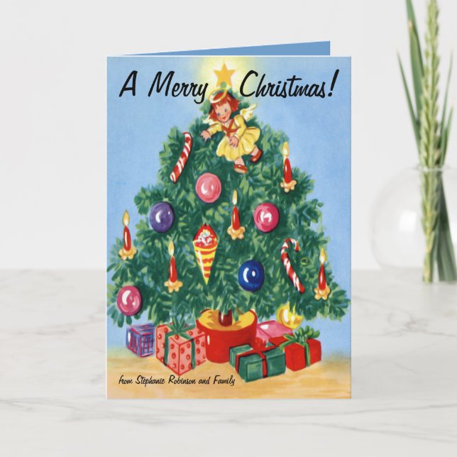 Colourful Retro Tree Personalised Christmas Cards (Front)