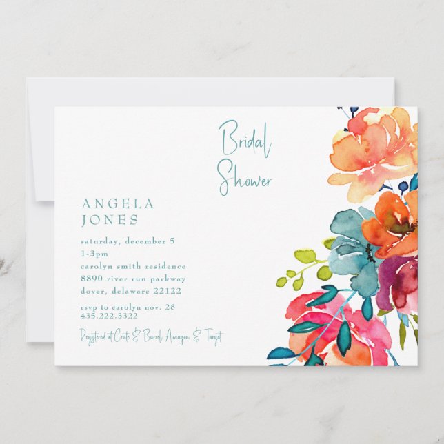 Colourful Retro Watercolor Floral Bridal Shower II Invitation (Front)