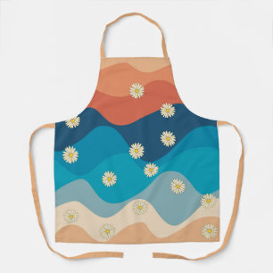 Colourful Retro Waves & Daisies Pattern  Apron