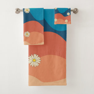 Colourful Retro Waves & Daisies Pattern  Bath Towel Set