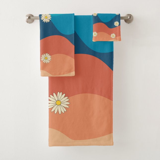 Colourful Retro Waves & Daisies Pattern  Bath Towel Set (Insitu)