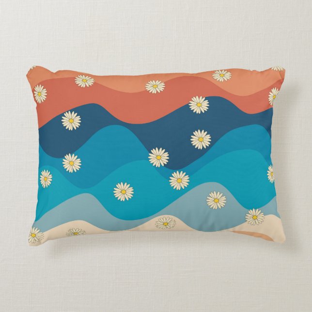 Colourful Retro Waves & Daisies Pattern Decorative Cushion (Front)
