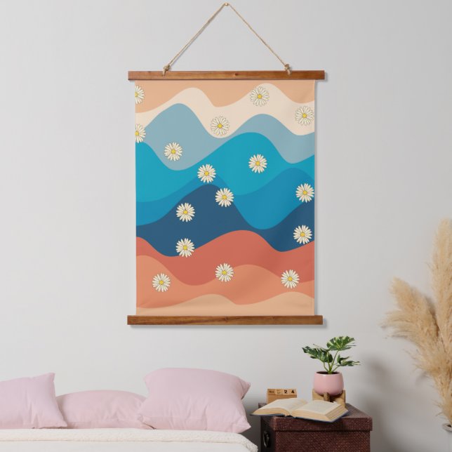 Colourful Retro Waves & Daisies Pattern  Hanging Tapestry (Bedroom)