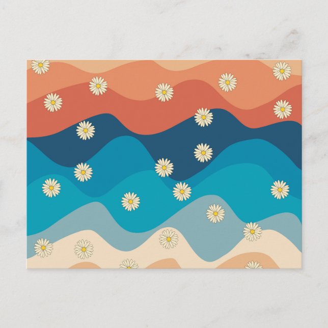 Colourful Retro Waves & Daisies Pattern Holiday Postcard (Front)