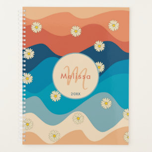Colourful Retro Waves & Daisies Pattern Monogram Planner