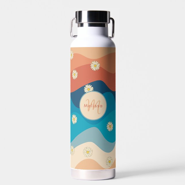 Colourful Retro Waves & Daisies Pattern Monogram Water Bottle (Front)