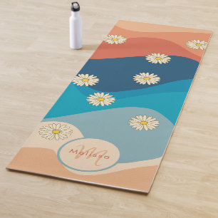 Colourful Retro Waves & Daisies Pattern Monogram Yoga Mat