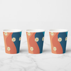 Colourful Retro Waves & Daisies Pattern Paper Cups