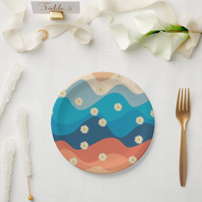 Colourful Retro Waves & Daisies Pattern  Paper Plate (Wedding)
