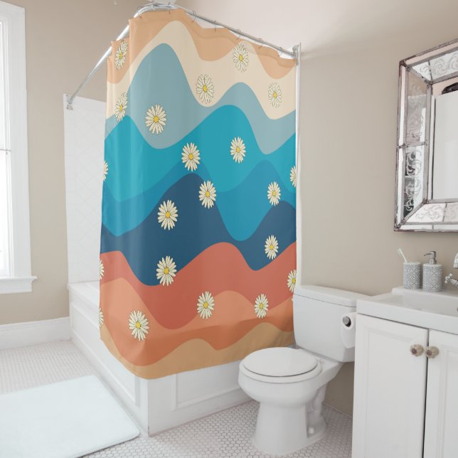 Colourful Retro Waves & Daisies Pattern Shower Curtain (In Situ)