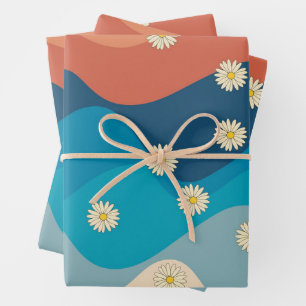 Colourful Retro Waves & Daisies Pattern  Wrapping Paper Sheet