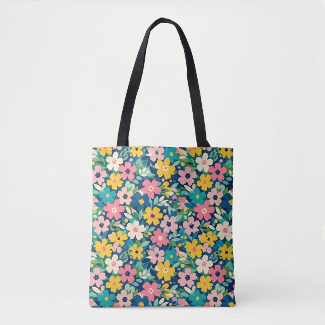 Colourful Retro Wildflower Floral Pattern Tote Bag (Front)