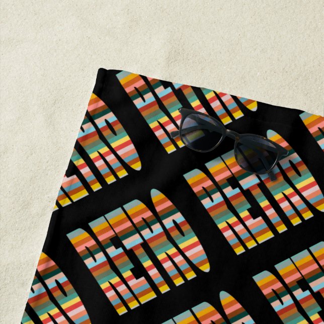 Colourful Retro Word Stripes  Beach Towel (In Situ)