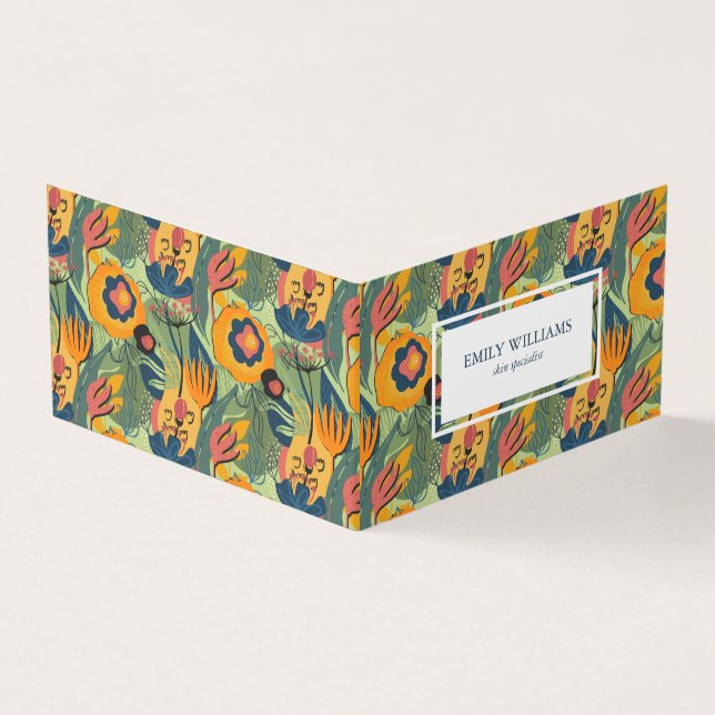 Colourful, rich earth tones, exotic flowers patter business card (Outside)