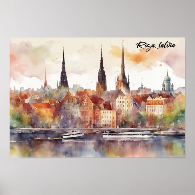 Colourful Riga Latvia Baltic Watercolor  Poster (Front)