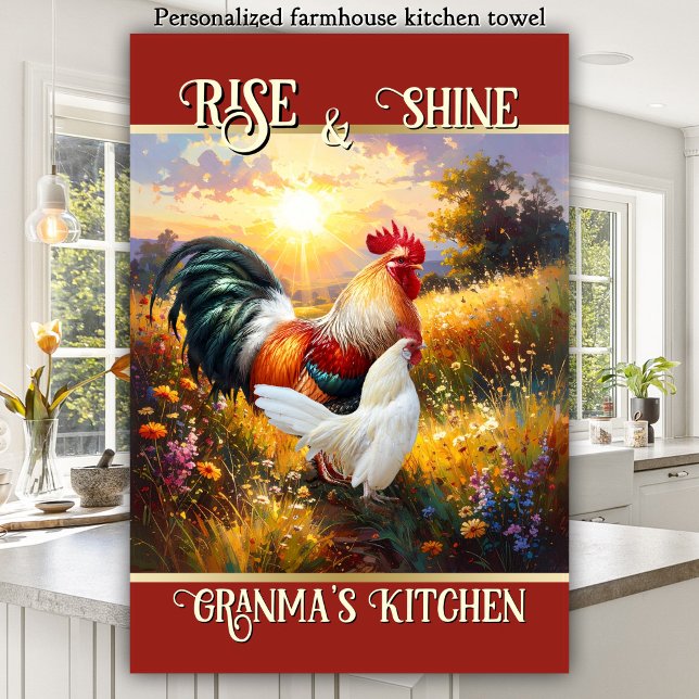 Colourful Rise and Shine Rooster Kitchen Towel (Rise and shine farmhouse kitchen towel featuring a colorful painting of two roosters at sunrise)