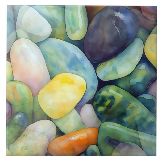 Colourful River Stones Colourful Pebbles Watercolo Tile (Front)