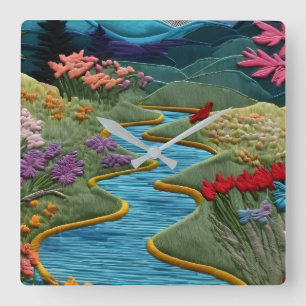 Colourful River Valley Embroidery Art Wall Square Wall Clock
