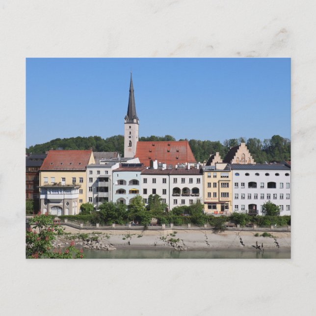 Colourful Riverfront View of Wasserburg am Inn Postcard (Front)