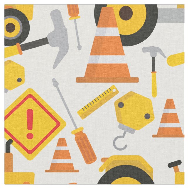 Colourful Road Construction Yellow Orange Child's Fabric (Close Up)