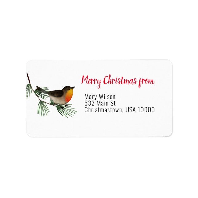 Colourful Robin on Pine Branch, Christmas Label (Front)